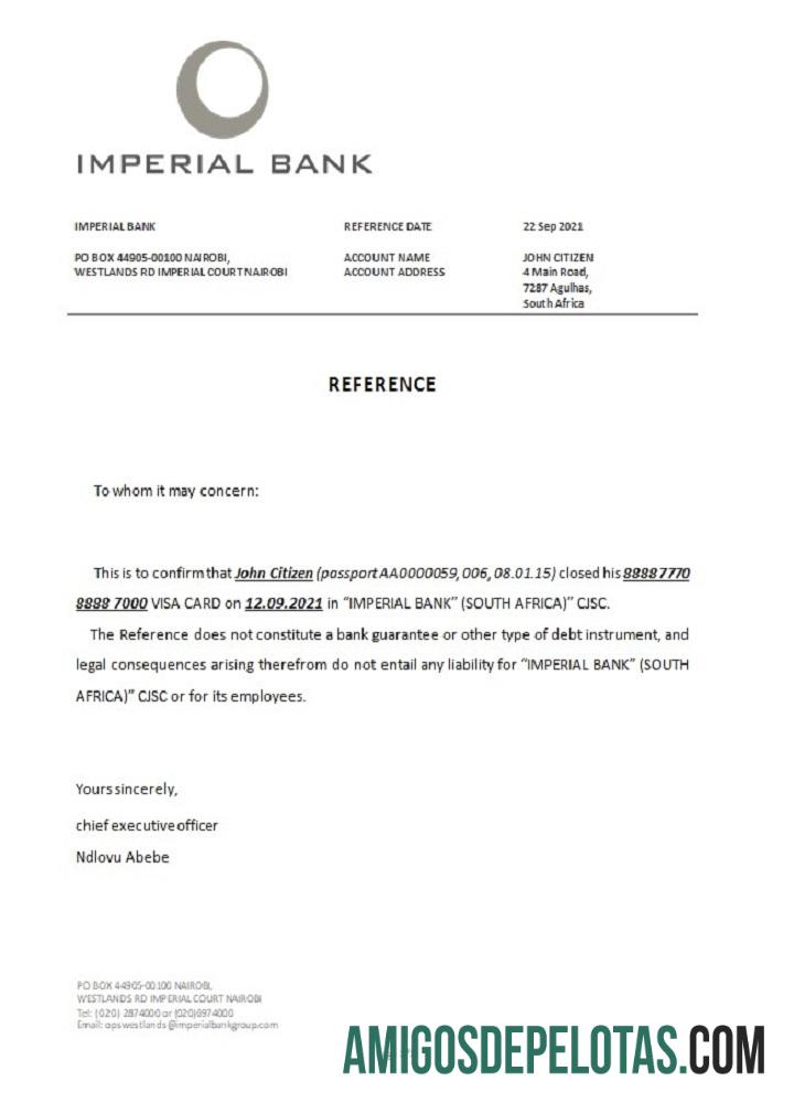 Referência de encerramento do Banco Imperial da África do Sul baixar para verificação